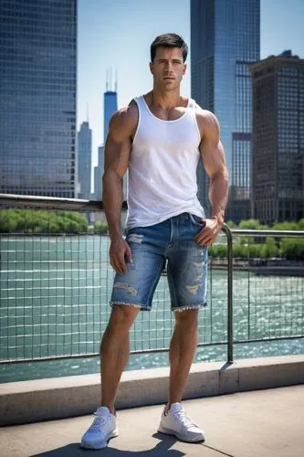 Muscular man, 30s, athletic build, short black hair, strong facial features, blue eyes, no glasses, casual wear, white tank top, distressed denim shorts, sneakers, standing, leaning against, Wacker Dr