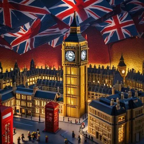 Big Ben, Lego bricks, intricate architectural details, London cityscape, evening time, warm golden lighting, subtle fog, iconic clock tower, vibrant red phone booths, Union Jack flags waving, tourists