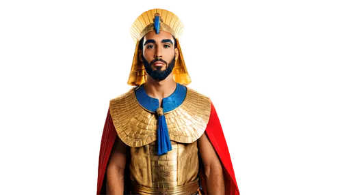 Ancient Egyptian pharaoh, golden headdress, blue and gold collar, thick beard, strong facial features, regal posture, ornate throne, intricate hieroglyphics, red and gold robes, majestic atmosphere, w