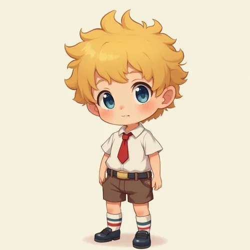 Chibi blond curly freckled boy with blue eyes wearing a white short sleeve collar shirt with red tie in brown shorts with a belt with socks with two red and blue stripes and black shoes,a little boy i