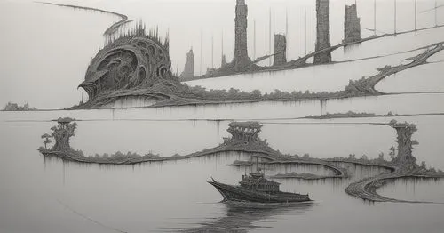 this is a drawing of a boat in a river,unbuilt,sunken ship,dragon boat,midwater,swampy landscape,dragon bridge,Illustration,Black and White,Black and White 01