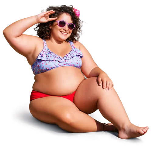 Fat woman, bikini, beach, summer, lying down, relaxing, chubby arms, legs, belly, bright smile, sunglasses, messy hair, colorful swimwear, floral pattern, ruffles, beads, shiny skin, soft focus, warm 