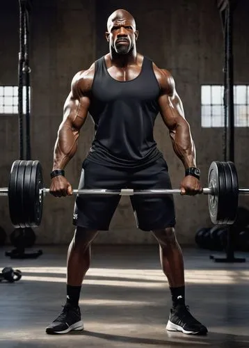 Terry Crews, muscular man, athletic physique, chiseled abs, intense gaze, shaved head, goatee, sweat drips down chest, tattoos on arms, black tank top, gym shorts, sneakers, weights in hand, intense w