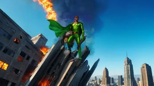 Superhero pose looking down on city on fire, destroyed building, comic book style,,green goblin,superhero background,human torch,green lantern,skycraper,super hero,superhero,lantern bat,green screen,s