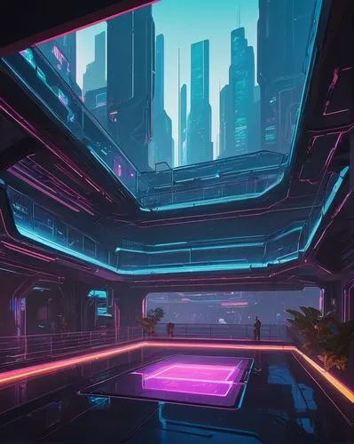 futuristic landscape,cybercity,cybertown,futuristic,cyberscene,cyberia,cyberpunk,ufo interior,spaceship interior,polara,cyberview,cyberport,cyberworld,synth,tron,scifi,futuristic art museum,silico,sky space concept,futurist,Illustration,Vector,Vector 03