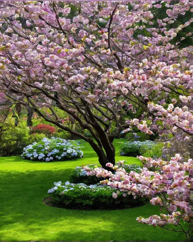 Describe a peaceful garden filled with flowering branches.,japanese cherry trees,cherry blossom tree,japanese magnolia,sakura tree,blossom tree,japanese carnation cherry,magnolia tree,japanese cherry 