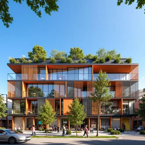 Vibrant community center, bold color schemes, geometric patterns, metal mesh facades, green roofs, solar panels, vertical gardens, modern angular lines, minimalist design, sustainable energy solutions