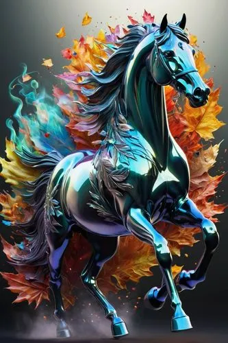 3d Explosive blur speed smoke light trails Holographic futuristic metal horse made from leaves autumn leaves and crystals standing casting spell: racing through autom forest : 3D Shading; pulsing with