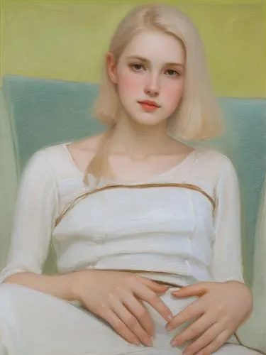 Ordinary American girl with beautiful hands and fingers in a beautiful pose.,an impressionism painting of a woman's  in white dress,khnopff,white lady,timoshenko,lalonde,young woman,girl with cloth,Ar