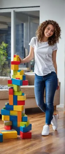 Melissa, Doug, standing, embracing, smiling, bright blue eyes, curly brown hair, casual wear, jeans, white T-shirt, sneakers, holding, architectural blocks, colorful wooden blocks, scattered on the fl