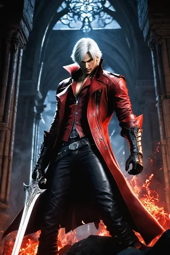 Dante, Devil May Cry 4, stylish action pose, Rebellion sword, red trench coat, white hair, demon hunter, confident smirk, leather gloves, gun holster, Ebony & Ivory pistols, muscular build, mid-battle