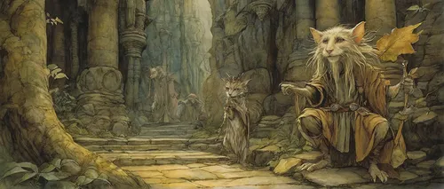 druids,druid grove,elven forest,the pied piper of hamelin,the threshold of the house,hall of the fallen,jrr tolkien,fairy village,fae,fairy forest,faerie,pilgrimage,faery,enchanted forest,holy forest,dryad,gandalf,pall-bearer,the forest,children's fairy tale,Illustration,Realistic Fantasy,Realistic Fantasy 14