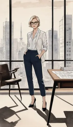 Jenni Kayne, modern architect, 30s, short blonde hair, black framed glasses, minimal makeup, white shirt, dark blue blazer, fitted trousers, black heels, holding blueprints, standing, interior design 