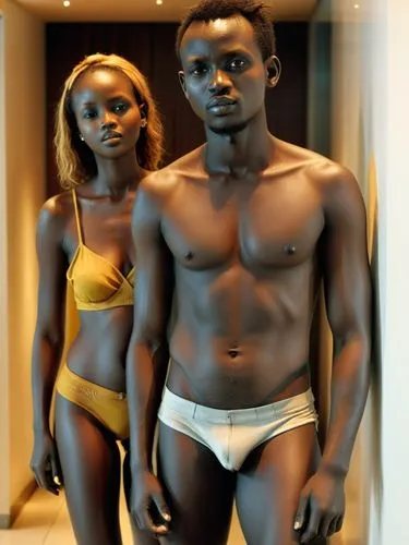 The picture shows a man and a woman in a modern, well-lit interior. ,two african men in underwear posing in front of a mirror,black couple,dibaba,mannequins,lwanga,iyanya,nubian