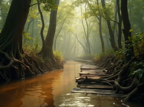 Wetland scenery, incorporating coffee color, murky brown water, lush green vegetation, twisted tree roots, wooden planks, misty atmosphere, warm soft lighting, shallow reflections, serene ambiance, na