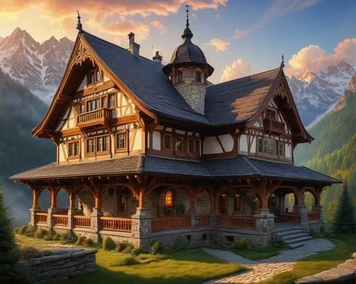 house in mountains,house in the mountains,wooden house,half-timbered house,wooden houses,traditional house,house in the forest,log home,alpine village,timber framed building,witch's house,timbered,ancient house,mountain settlement,chalet,half-timbered houses,little house,dreamhouse,the cabin in the mountains,swiss house,Conceptual Art,Daily,Daily 25