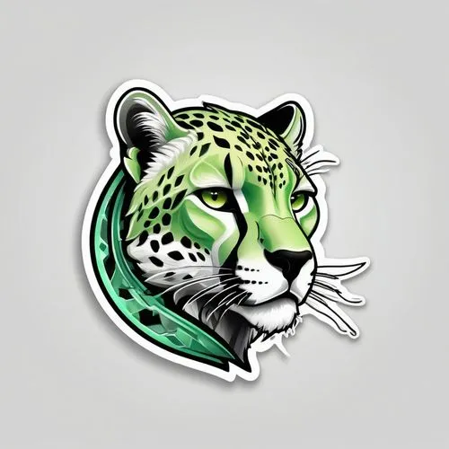 Logo emblem for game token realistic,epic,depicting the head of a fast cheetah warrior called "Stilcat", light green tones, D&D, illustration, token on white background,a green cheetah sticker with an