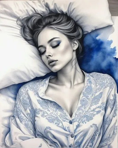 full-body black and blue pencil sketch of an Extremely beautiful rusian woman, perfect face, perfect eyes, eyes closed, glamorous, gorgeous, delicate, romantic, lying in bed on her stomach, black and 