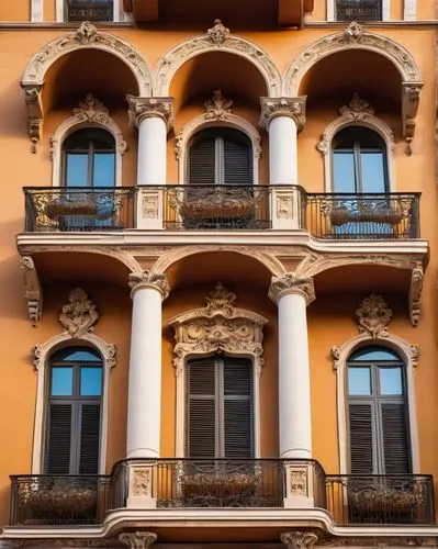 Baroque, ornate Primiano architecture, grandiose building facade, intricate stone carvings, golden accents, symmetrical composition, dramatic lighting, warm beige stonework, ornamental balconies, arch