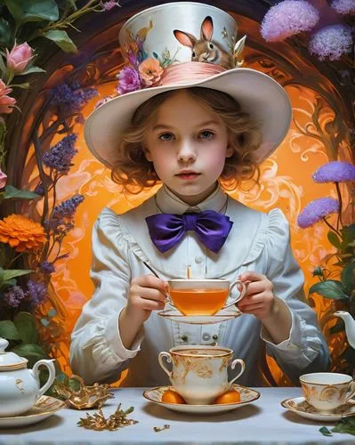 Alice in Wonderland scene, surrealism, dreamlike, vibrant colorful pastel, escapism, tea time scene, orange lilac lighting, 6 years old Alice, mystical dreamy surrounding, White Rabit in suit, Hat Mak