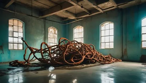 Modern art gallery, contemporary abstract sculpture, twisted metal structure, rusty patina, broken glass fragments, neon lights, eerie glow, dimly lit room, high ceiling, concrete floor, industrial at