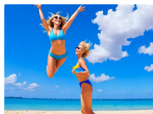 Summer beach, beautiful young woman, 20yo, bikini, sunglasses, blonde hair, sun-kissed skin, beach volleyball, jumping in mid-air, laughing, joyful expression, bright blue sky, fluffy white clouds, wa