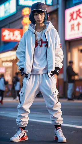 an asian man wearing white, red and black clothing standing in front of a city street,fila,joji,fubu,akira,ryu,harajuku