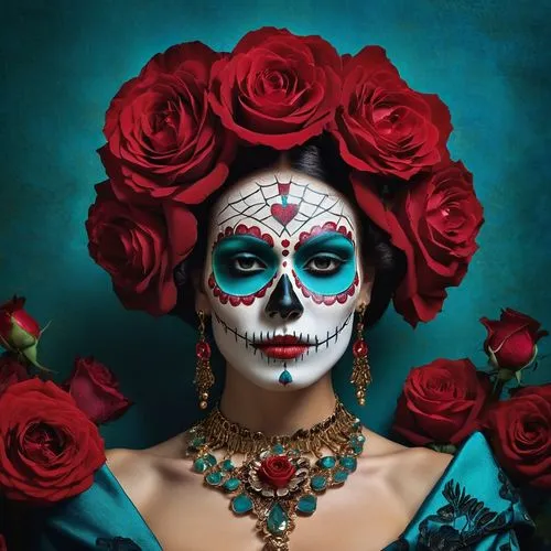 [Día de Muertos Queen, gazing with a haunting grace, her sugar skull makeup a testament to life's ephemeral beauty, adorned with vibrant roses and a heart of crimson, standing against a stark red back