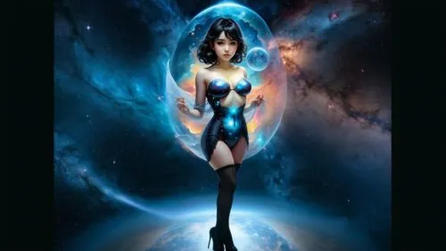 create a photo realistic  of a beautiful  black haired voluptuous goddess-like woman that has huge massive bulging and busty breasts. she has on a goddess-like fantasy dress with mid-thigh stockings. 