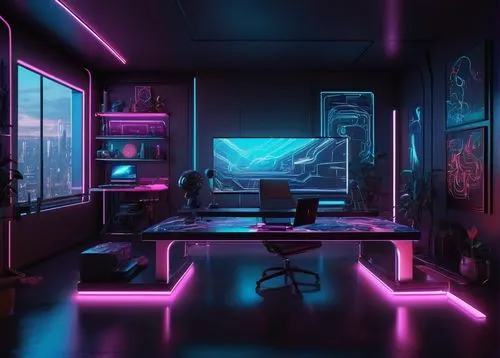 computer room,cyberpunk,study room,ufo interior,desk,neon coffee,computer desk,creative office,modern office,working space,aesthetic,80's design,game room,vapor,cyber,modern room,neon,3d background,office desk,neon lights,Art,Artistic Painting,Artistic Painting 40