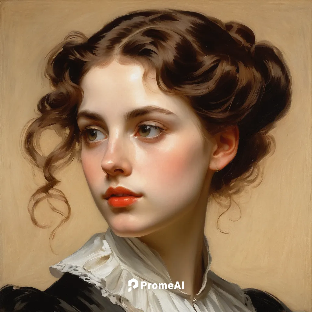 A young woman with a confident expression in John Singer Sargent style

,portrait of a girl,bouguereau,girl portrait,franz winterhalter,victorian lady,young woman,bougereau,portrait of a woman,vintage