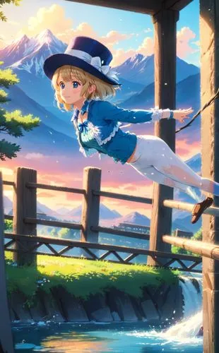 The camera captures a stunning masterpiece of a caucasian girl crafted from delicate fabrics and feathers. She wears a blue top hat and a white leggings as she jumps of a powerful bridge. She stretche