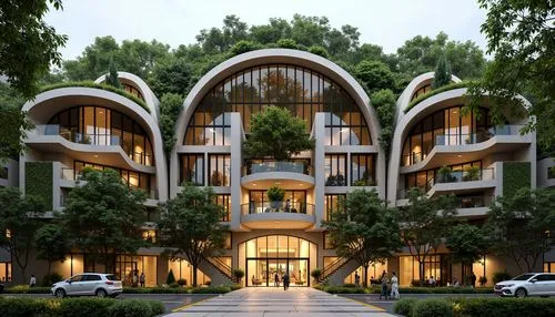 Elegant opera house facade, metabolic architecture style, undulating curves, organic shapes, vibrant green walls, living roofs, lush vegetation, natural stone cladding, metallic accents, intricate lat