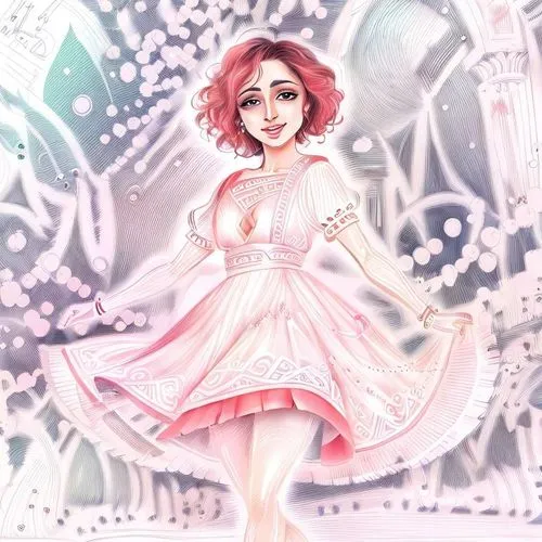 Feminine Greek woman, with sensual, exuberant attire, athletic body, compassionate look, slight smile on her lips,ballerina girl,rosa 'the fairy,rosa ' the fairy,ballerina,little ballerina,rose quartz