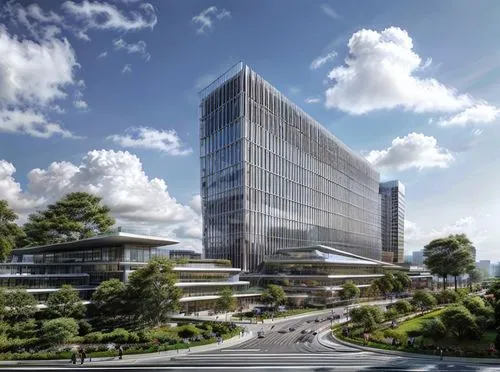 an architectural rendering of a modern glassy building with people walking around it,capitaland,genzyme,citicorp,cyberjaya,kaist,technopark,Architecture,Large Public Buildings,Modern,Innovative Techno