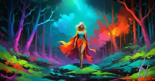 painting of woman in orange dress surrounded by trees,fantasy picture,faerie,fantasy art,colorful background,background colorful,fairy forest,Conceptual Art,Daily,Daily 24