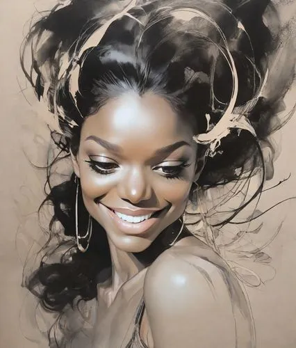 black woman, 8k, style of David Downton. The illustration is a captivating blend of deconstructive and abstract elements, with expressive line-work and dreamlike sequences. The dark fantasy-inspired p