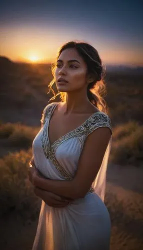 woman in white dress standing on desert plain,desert background,inanna,sun bride,dubai desert,arab,desert flower