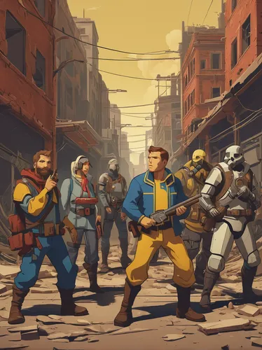 fallout4,fallout,fresh fallout,construction workers,miners,civil defense,game illustration,workers,blue-collar,game art,blue-collar worker,industries,fallout shelter,forest workers,action-adventure game,rustico,firefighters,heavy construction,mercenary,post apocalyptic,Illustration,Vector,Vector 05