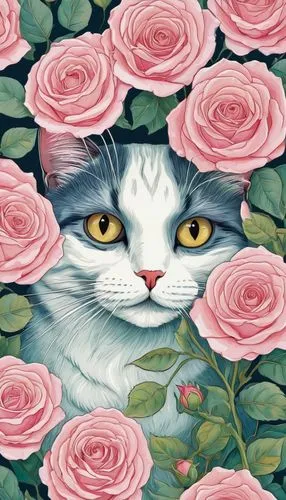 flower cat,pink cat,flower animal,rose png,rose flower illustration,roses pattern,Illustration,Retro,Retro 23