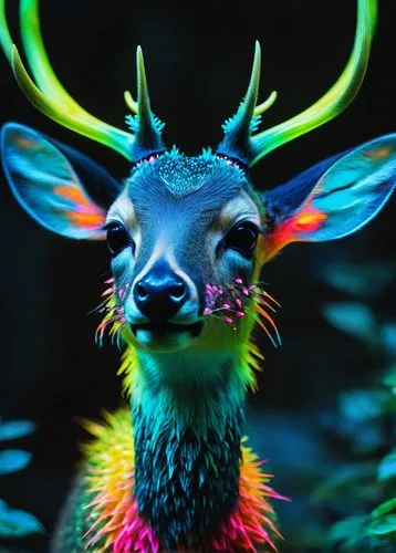 neon body painting,glowing antlers,rainbow unicorn,european deer,male deer,whimsical animals,rainbow rabbit,young-deer,goat-antelope,deer,anthropomorphized animals,animals play dress-up,pere davids deer,forest animal,llama,dotted deer,gold deer,deer in tears,antelope,deer head,Conceptual Art,Fantasy,Fantasy 05