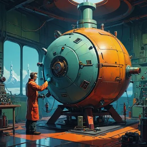 Horizon style, retro-futuristic, by Simon Stalenhag, {scientist assembles a compact nuclear reactor in the laboratory. perfect hands, perfect anatomy} . vintage sci-fi, 50s and 60s style, atomic age, 