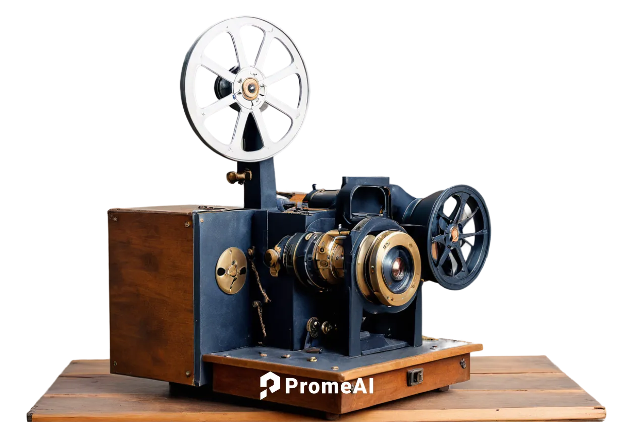 Vintage film projector, old movie machine, metal body, retro style, intricate details, brass accents, lens cap, reel holder, cord wrapped around body, worn wooden case, nostalgic atmosphere, warm ligh