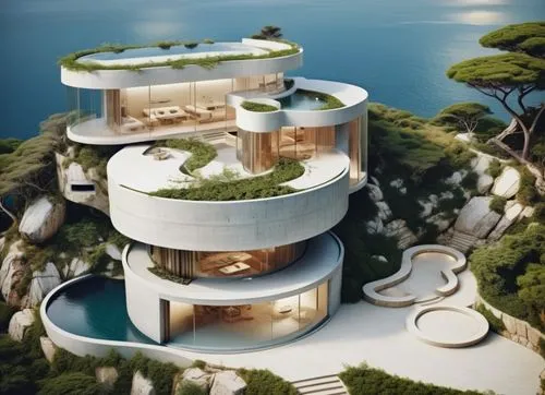 Architecture, miniature minimal design of a modern villa situated on a gentle slope descending towards the ocean, with circular and organic shapes. The villa should have two to three levels, with each