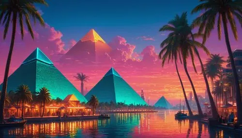 A breathtaking landscape of ancient Egypt with pyramids and the Nile River at sunset, intricately crafted in hyper-realistic oil on canvas, evoking a sense of majestic wonder, as if the viewer is stan