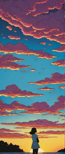 dusk,sunset,coast sunset,cumulus,travel poster,little girl in wind,girl on the dune,pink dawn,studio ghibli,summer evening,girl walking away,sunset glow,sky,silhouette art,horizon,oil on canvas,summer sky,the horizon,cumulus clouds,stratocumulus,Illustration,American Style,American Style 15