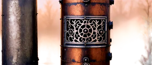 Brick chimney, old European style, solo, ornate details, curved lines, worn-out edges, rusty metal door, black soot stains, snowflakes on top, morning fog, soft sunlight, 3/4 composition, shallow dept