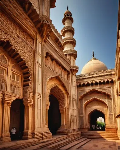 Hyderabad architecture, ancient Indian style, intricate stone carvings, domes, minarets, arches, Islamic influences, white marble, ornate decorations, detailed textures, Charminar-inspired design, gra