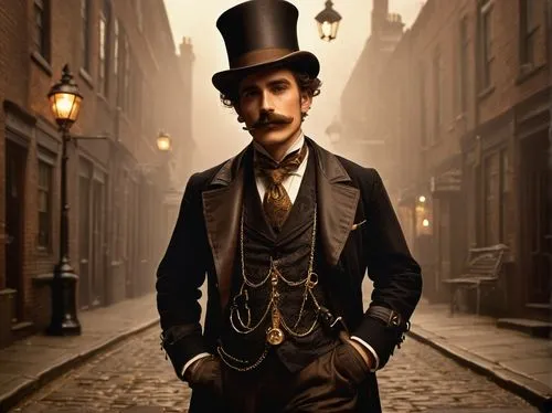 stovepipe hat,victorian style,the victorian era,aristocrat,gentlemanly,bowler hat,victorian fashion,top hat,charlie chaplin,victorian,ringmaster,steampunk,chaplin,bellboy,victorian lady,gas lamp,watchmaker,cordwainer,sherlock holmes,frock coat,Art,Classical Oil Painting,Classical Oil Painting 15