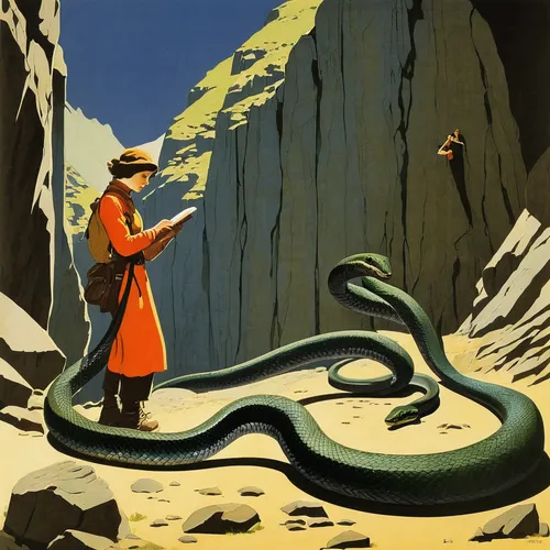 Write a suspenseful story about a group of hikers who encounter a natrix natrix snake while exploring an abandoned mine.,snake charmers,snake charming,serpent,emperor snake,el salvador dali,guards of 